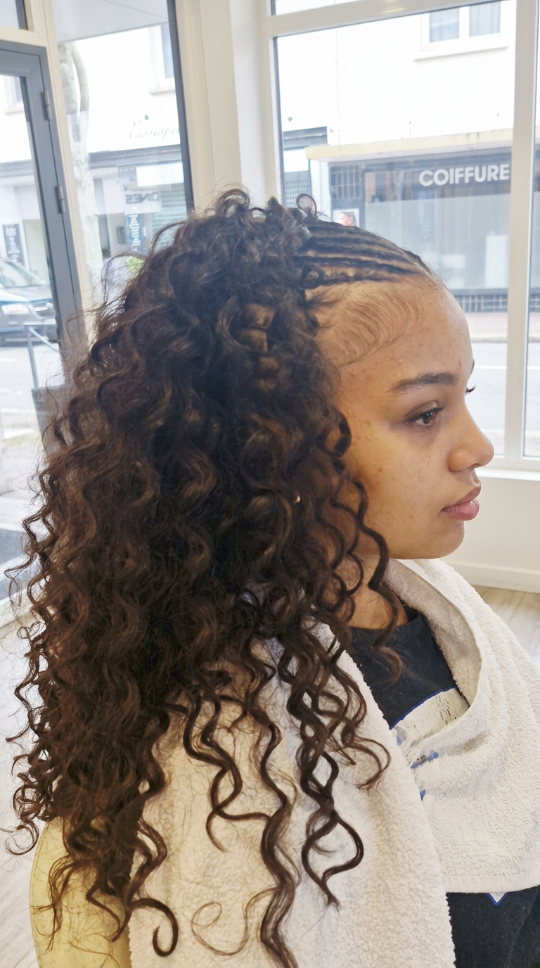 Krøllede crochet braids med cornrow-skilning